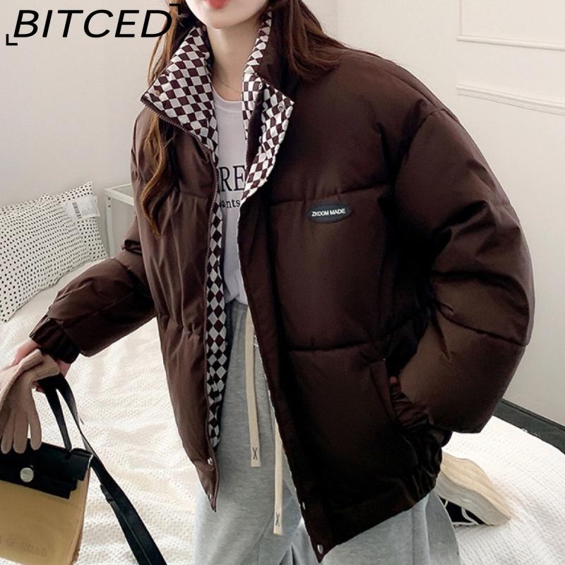 BITCED Stylish Niche Checkered Pattern Thickened Puffer Jacket for Women Mid-Length Winter Cotton Coat