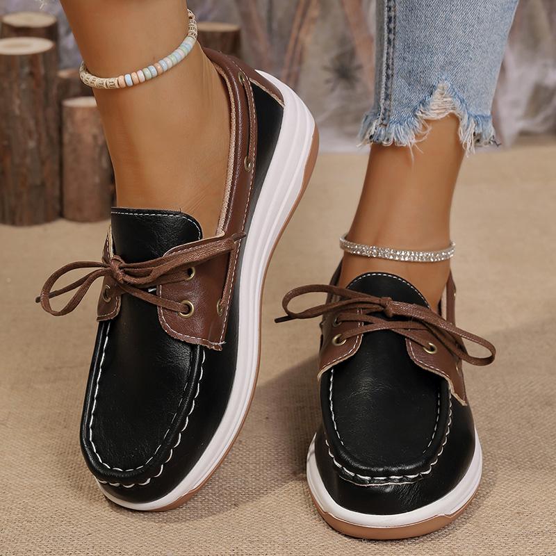 Fashion Women's Vintage Lace Up Platform Loafers Brown PU Leather Casual Shoes Woman Lightweight Comfortable Low Top Sneakers Plus Size