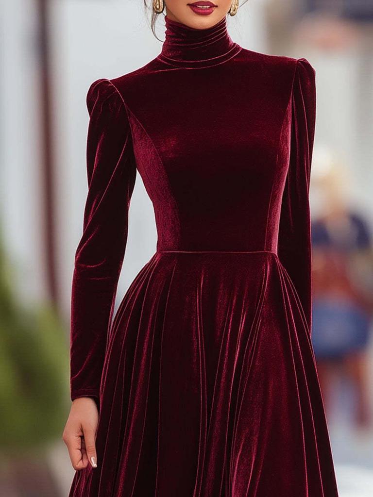 Vestido Largo de Terciopelo Dorado con Cuello Alto, Mangas Abullonadas y Cintura Ajustada para Mujer – Elegante Falda Amplia de Otoño/Invierno.