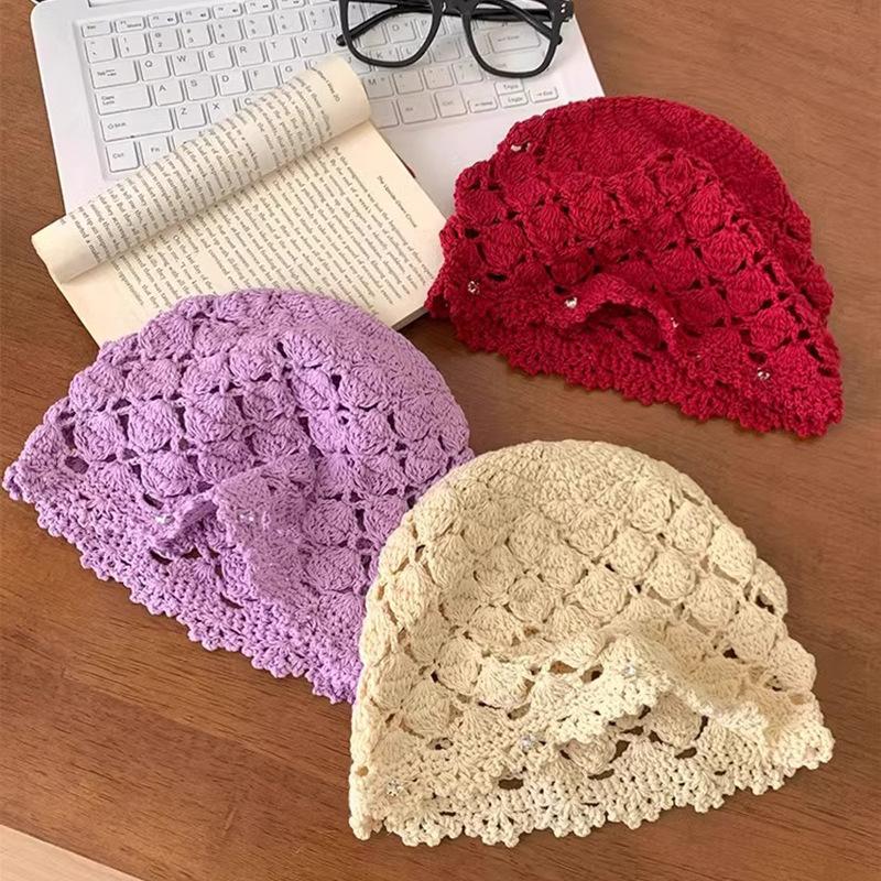 New Versatile Hat Hand Woven Head Hat for Women Spring Hollow Cold Hat Thin Stacked Hat Pullover Hat