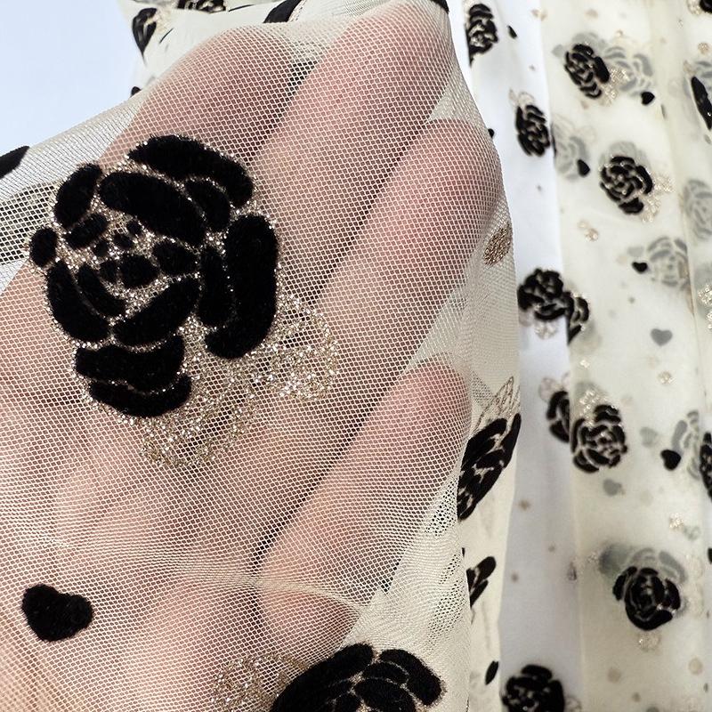 1meter Black Beige Rose Flower Velvet Embossed Gold Powder Mesh Fabric Flocking African Tulle Jacquard Fabrics for DIY Sewing