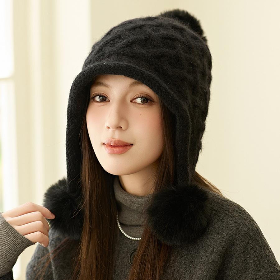 Winter Thick Velvet Knitted Hat Outdoor Warm Ear Protection Three Hair Ball Wool Hat