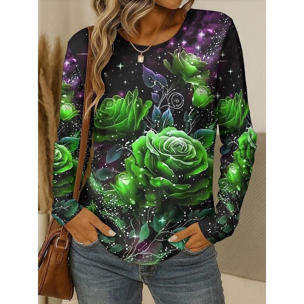 Printed fashionable long sleeved round neck T-shirt