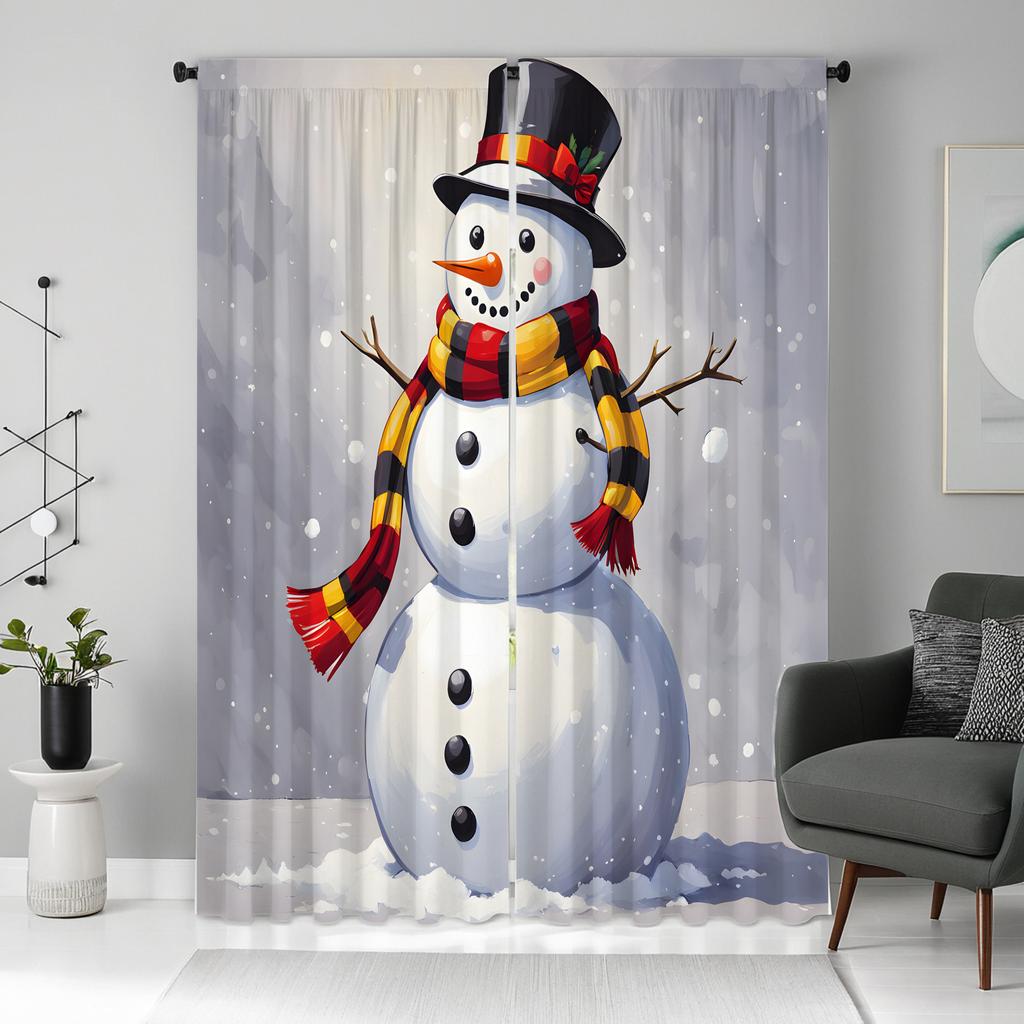 2pcs HD Christmas White Snowman Curtain White Tie Digital Printed Curtain Home Decoration Style Decorate Living Room Bedroom
