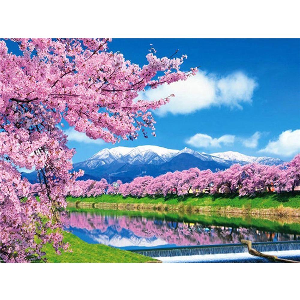 Pintura de diamante 3D, punto de cruz de paisaje, bordado de diamantes artesanal, flores de cerezo, imagen de diamantes de imitación, decoración del hogar