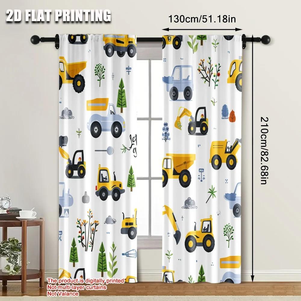 2pcs Cartoon Truck Printed Curtains  Rod Pocket  Polyester Fabric  Window Decor for Kids Room  Home Decor.