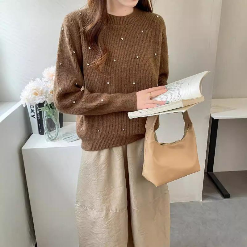 New Autumn and Winter Water Drop Sleeve Pearl Knitted Sweater Women's Soft Waxy Elastic Unbound Reiki Crew Neck Sweater Women's