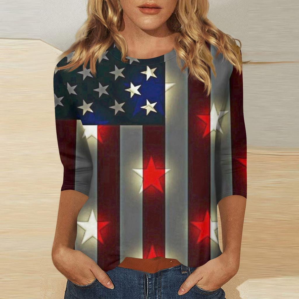 Women's Independence Day Print Round Neck Seven-Eighths Sleeve Top