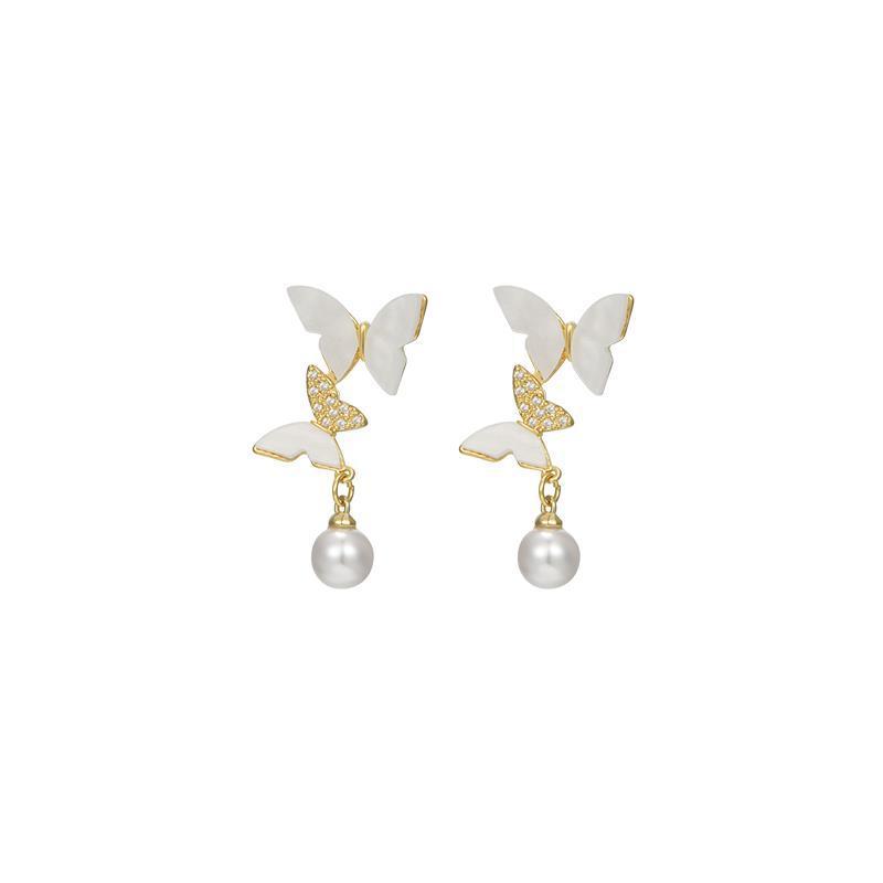 S911 Silver Needle Light Luxury Butterfly Earrings Women's Niche Design Sense Cold Wind Pearl Stud Earrings