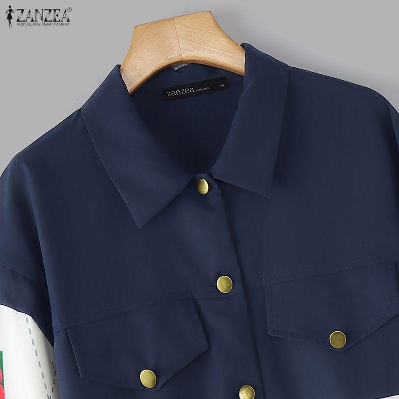 ZANZEA Women Turn Down Collar Long Sleeve Patchwork Blouse