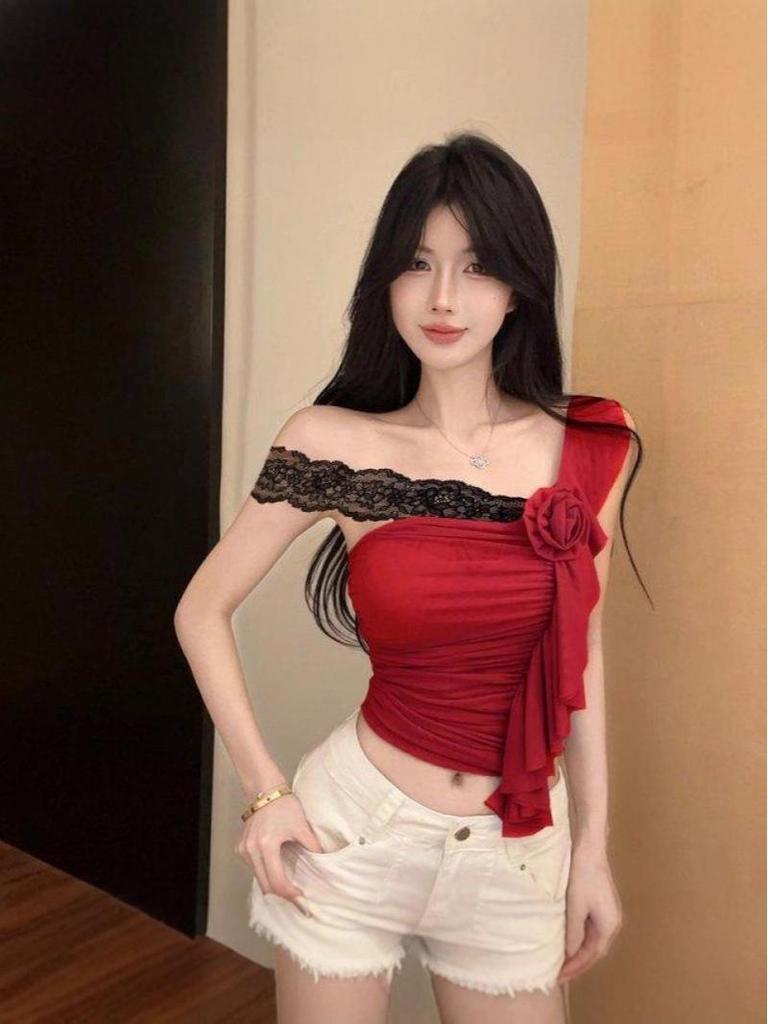 Trendy Lace Patchwork Off-Shoulder Slim-Fit Korean Top