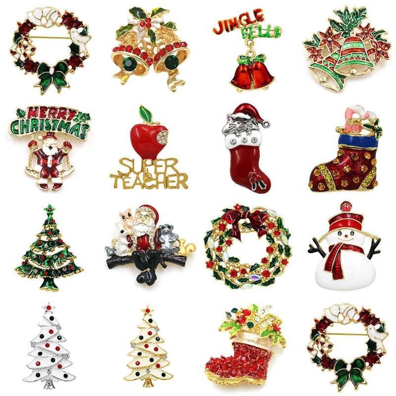 Toyvian 4pcs / Set Broche De Navidad Pin Rhinestone Breastpin Party Jewelry (Bell + Snowman + Wreath + Santa Claus