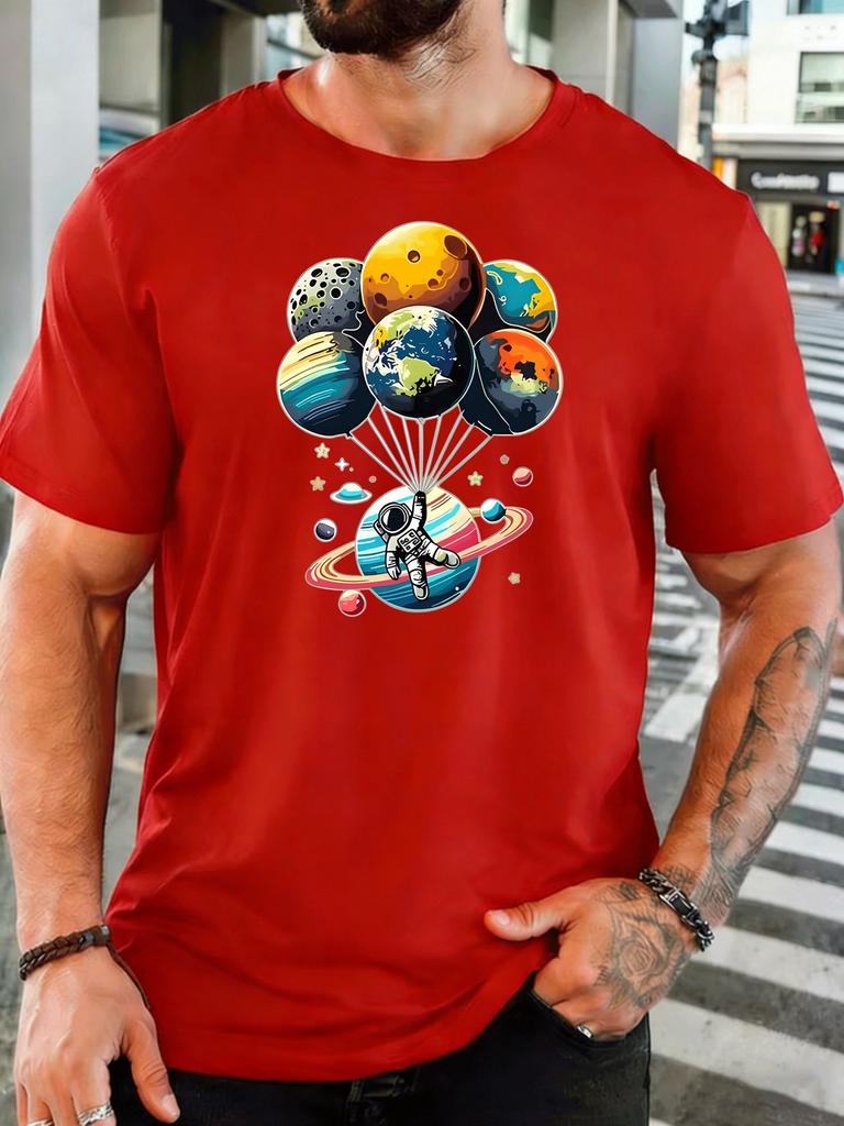 Unisex Short Sleeve T Shirt Astronaut Planet Balloon Graphic Tee Space Print Summer Soft Cotton Casual Street Wear For Adult Male