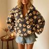 Damen Floral-Print Fleece Halber Reißverschluss Pullover Stehkragen Langarm Locker Warmes Sweatshirt Mit Tasche