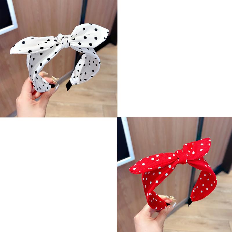 Solid Fabric Polka Dot Bow Headband for Woman Elegant Temperament Wide Headband Fashion Girl's Makeup Hairband