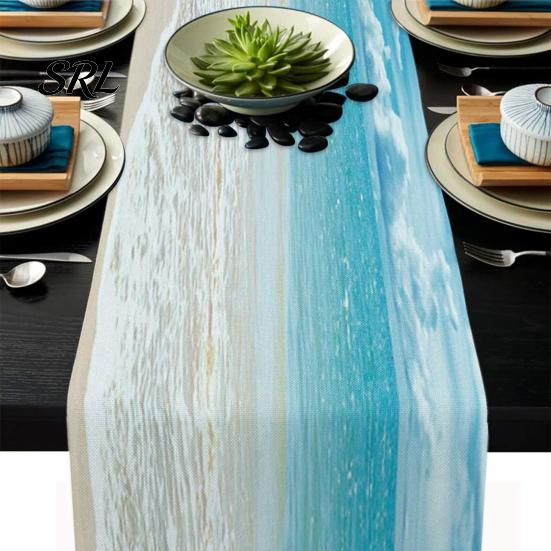 Summer Coastal Table Linens Beach Runner, Ocean Wave Rustic Linen Runner for Home House Party Decor Accessories