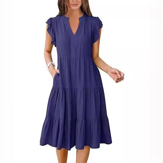 2025 Women's V-Neck Ruffle Sleeve Patchwork Midi Dress with Pockets