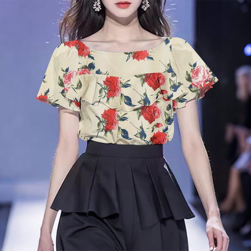 

ZANZEA Женская повседневная блузка с круглым вырезом, короткими рукавами, цветочным принтом и оборками 3XL абрикосовый