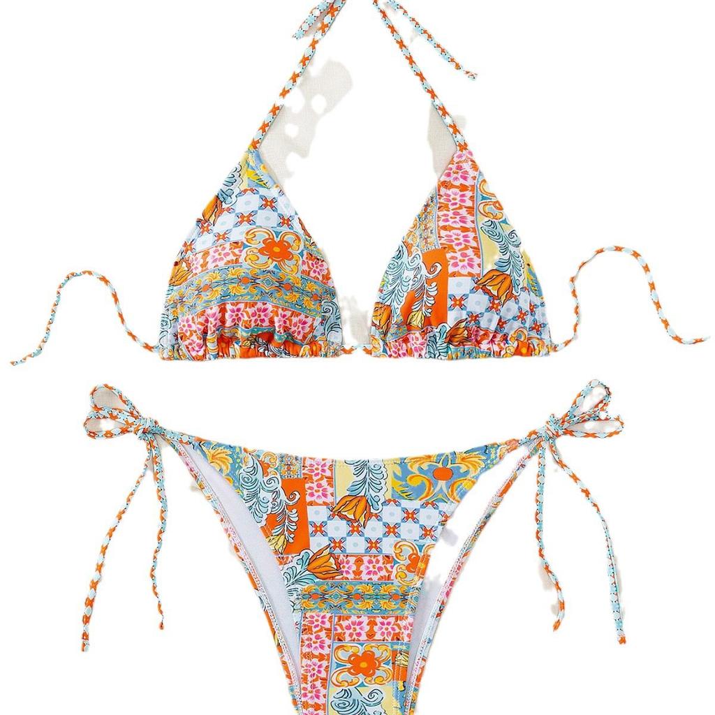 2024 European & American Women's Triangle Cup Printed Lace-Up Bikini Swimsuit