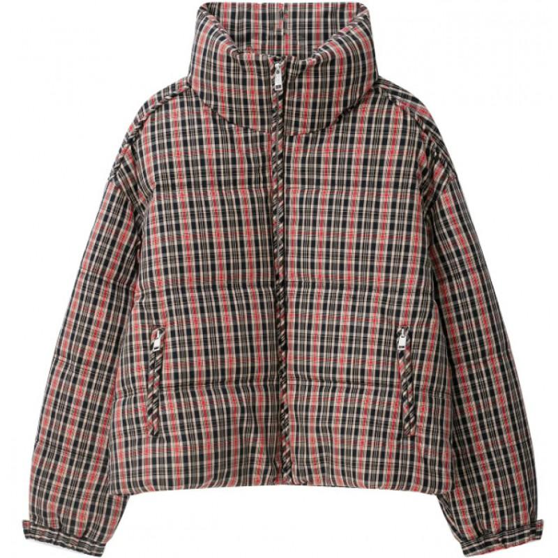 Vintage Plaid Cotton Blend Puffer Jacket Womens Loose Fit Round Neck Casual Winter Coat