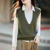 2026 Fall Womens V-Neck Knit Vest Silk Cashmere Wool Blend Sleeveless Top Solid Color Loose Fit