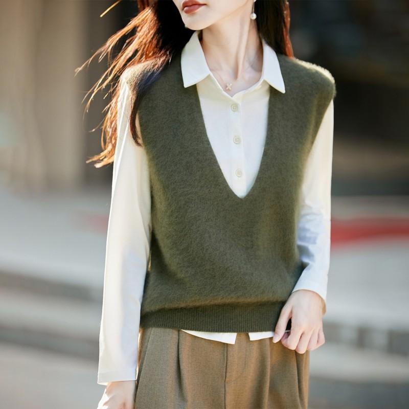 2026 Fall Womens V-Neck Knit Vest Silk Cashmere Wool Blend Sleeveless Top Solid Color Loose Fit