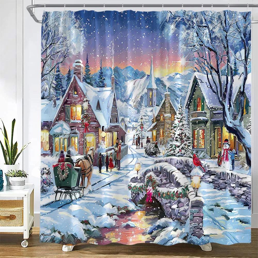 Retro olejomalba Vánoční sprchové závěsy Santa Claus Garland Xmas Tree Vintage krb Novoroční dekorace Sada koupelnových závěsů