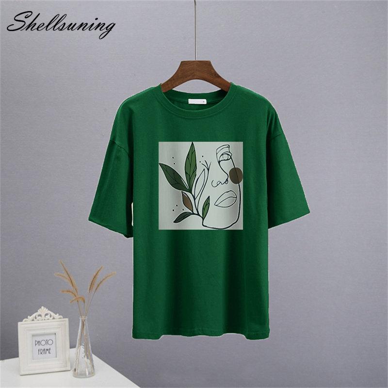 Shellsuning Abstract Character Graphic T Shirts Women Summer Soft Cotton Short Sleeve Tees Female Harajuku Chic Streetwear Tops
