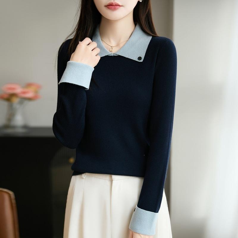 Collared Knitted Sweater with Long Sleeves, Women's New Autumn-winter Style, Multi-color, Slim-fitting, Figure-hugging Base Layer Top