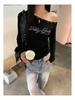 Retro Rhinestone Cold Shoulder Long Sleeve T-shirt in Black - Slim Fit Off-the-Shoulder Top for Women, Spring/Autumn European & American Style.