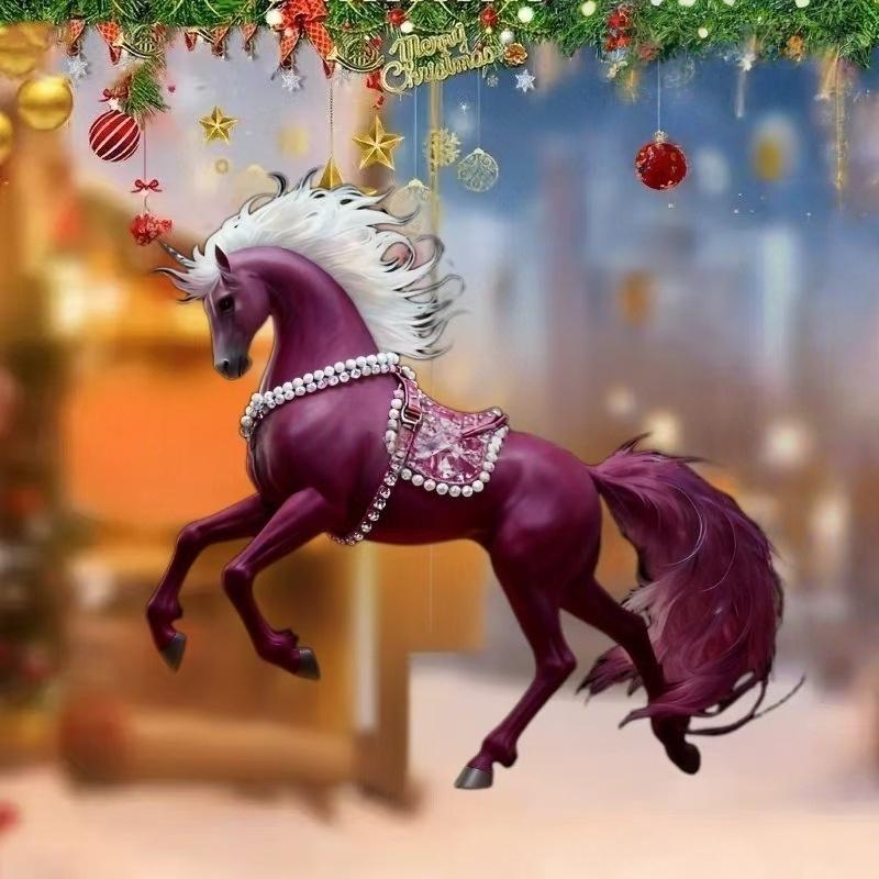 2D Acrylic Horse Charm Car Rearview Mirror Pendant Christmas Tree Hanging Home Decoration New Year Party Ornament Gift