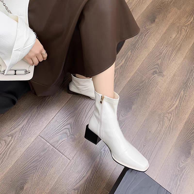 Black thick heel square head thin Martin boots women's shoes 2025 new autumn and winter single boots thin French short boots
