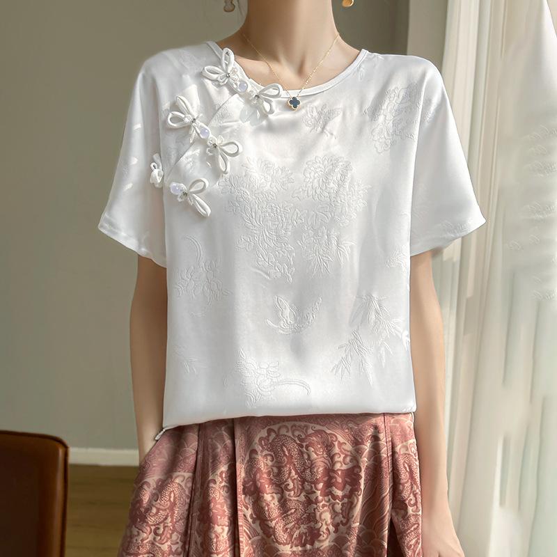 Updated Chinese Style Short-sleeved Blouse for Summer In Summer Womens Temperament Relaxed Fit Slim Leisure T-shirt Base Half-sleeved Versatile Top
