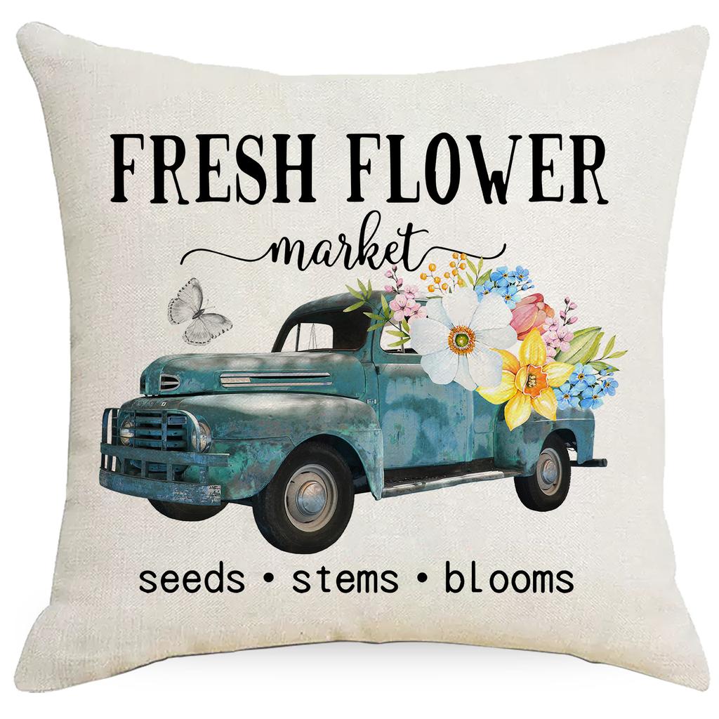 Spring Flowers Linen Pillow Case Blue Truck Digital Print Cushion