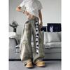 American High Street Deconstruction Old Dirty Dyed Scimitar Jeans Men's and Women's Spring and Autumn Trend Design Sense Strap Wide Leg Pants