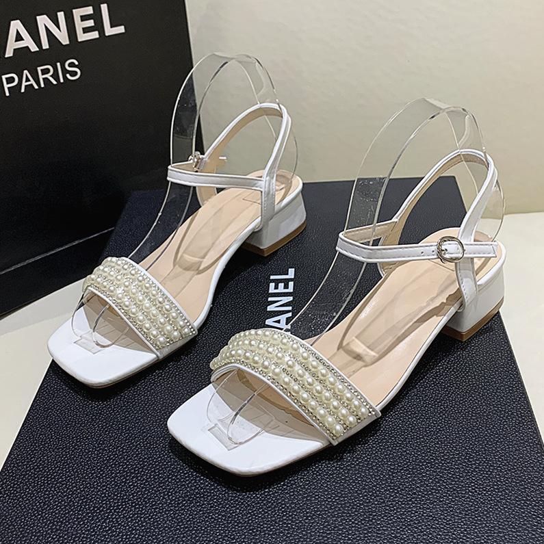 

Fashion 2025Summer Fashion Crystal Women Mid Heels Sandals Elegant Heeled Shoes Chunky Pumps Square Toe Shallow Buckle Chaussures Femme 35 белый