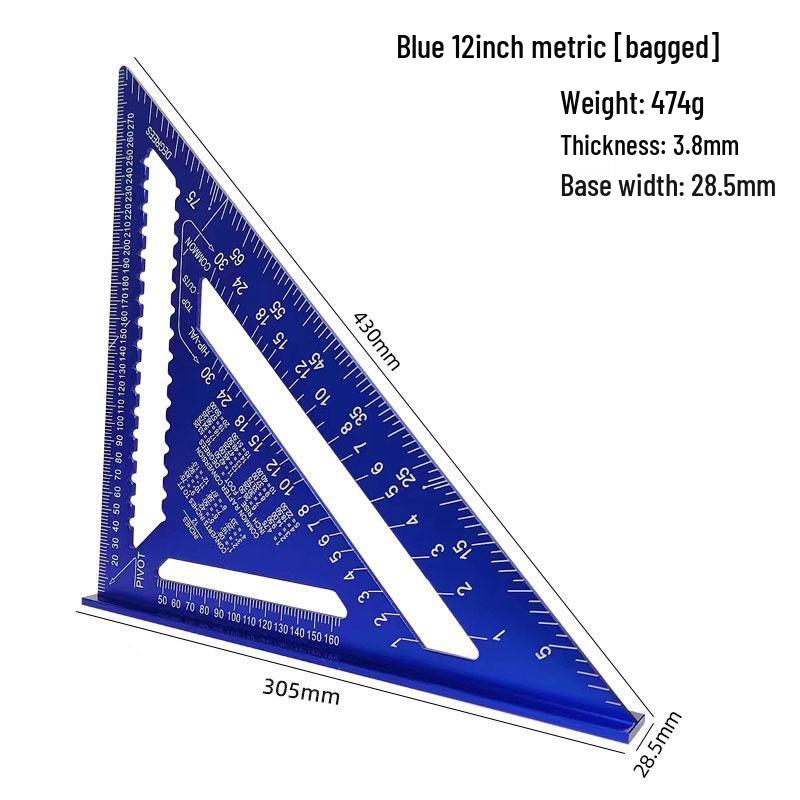 7/12" Aluminum Triangle Ruler: Woodworking, Imperial/Metric, Black Oxide, 90°/45° Right Angles.