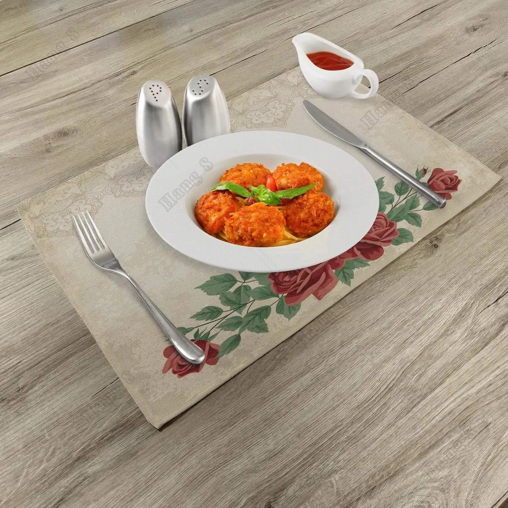 30x45CM Vintage Rose Place Mats Red Floral Dinning Room Afternoon Tea Washable Fabric Placemats for Dining Table