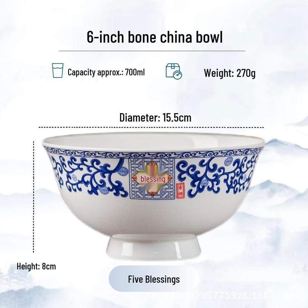 Blue and White High-Foot Bone China Noodle Bowl - Chinese-Style, Anti-Scald, Customizable for Birthdays