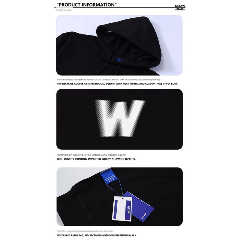 Wassup Heods Blurred W Letter Sweatshirt for Men and Women, Autumn and Winter Loose Fit, Fleece-Lined, National Trendy Brand Couple Hoodie