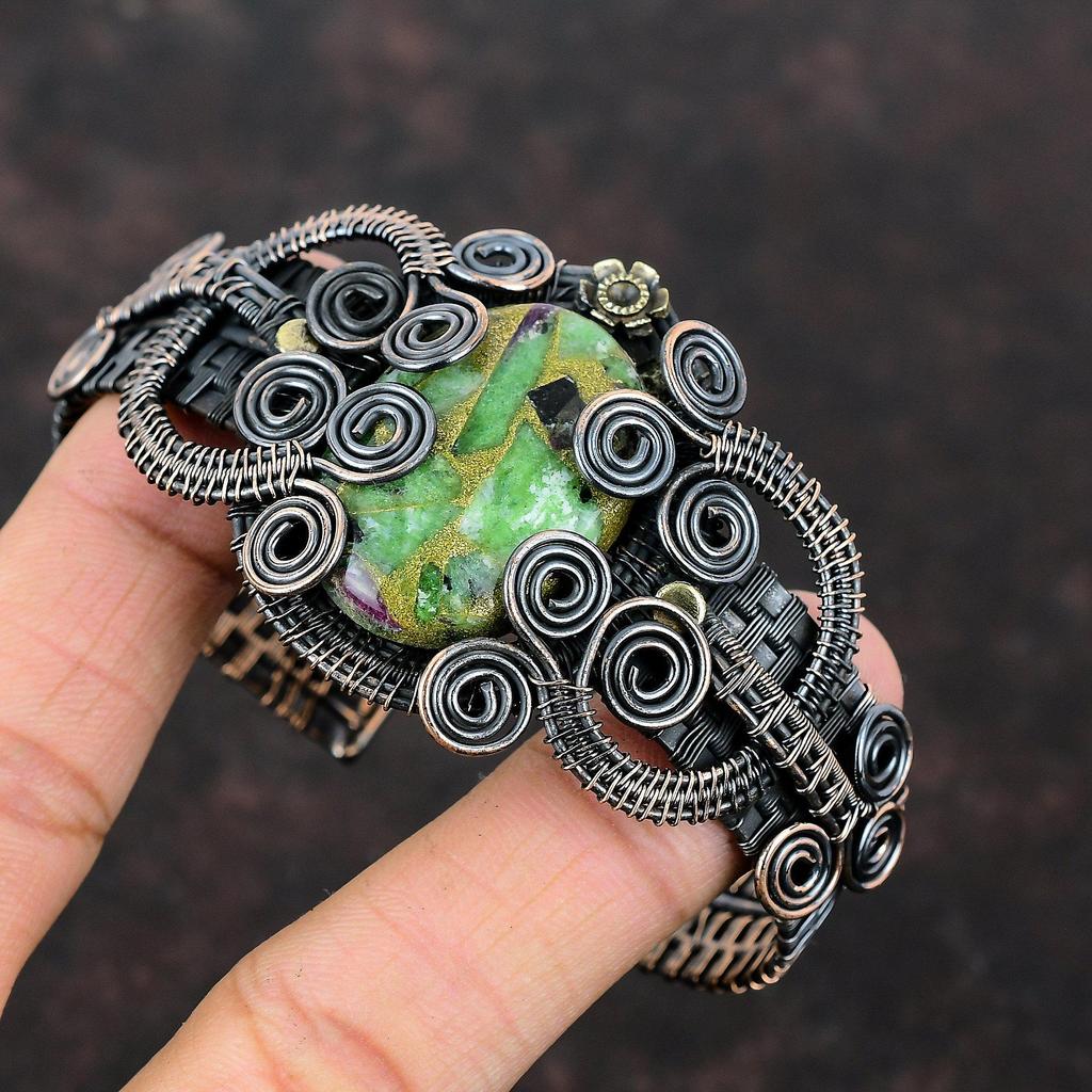 Copper Ruby Zoisite Bangle Copper Wire Wrapped Cuff Bracelet Adjustable Bangle Handmade Cuff Natural Gemstone Bangle Copper Jewelry For Gift