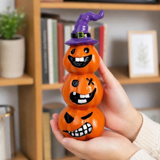 Festive Halloween Room Decor Pumpkin Statue, Resin Spooky Face Figurine for Durable Art Indoor Tabletop, Tiered Tray, Party, Home Hand Painted Crafts