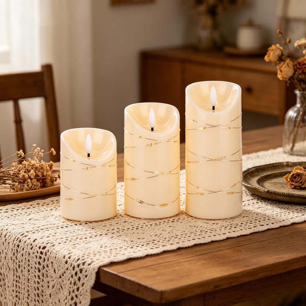 Wave-Edge LED Flameless Candles with Fairy Lights Set