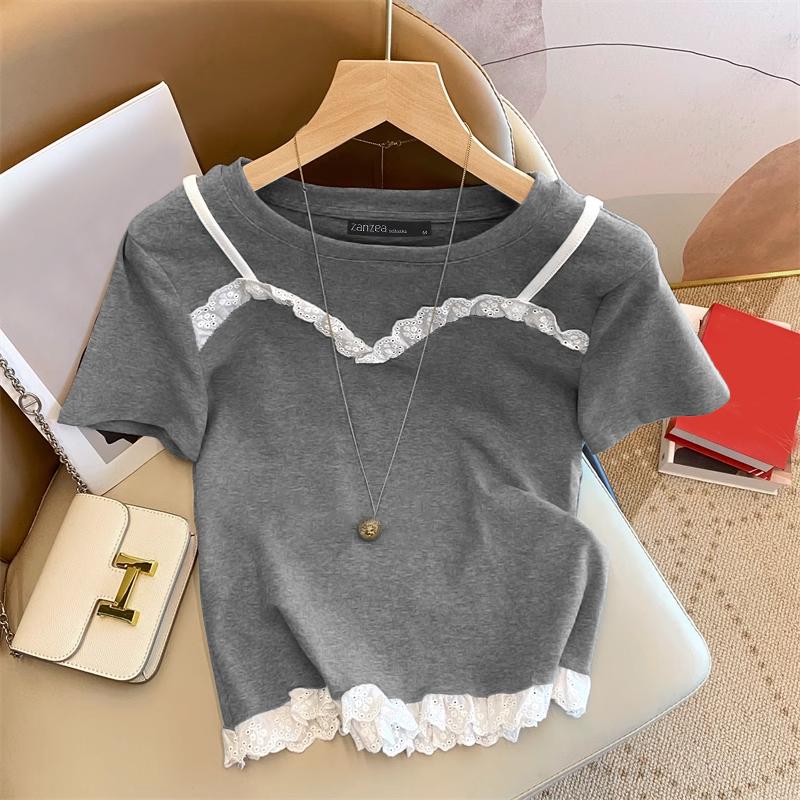 

ZANZEA Women Lace Splice Casual Round Neck Short Sleeve T-Shirts S