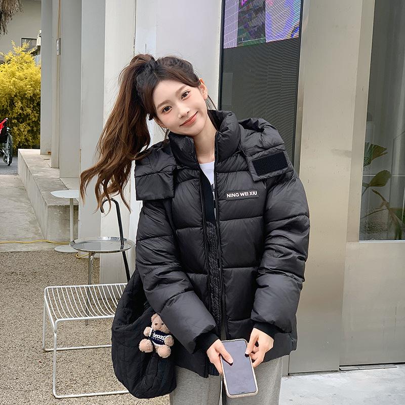 

New black drawstring loose and thin hooded short down cotton clothes women s bread clothes hooded cotton clothes M чёрный