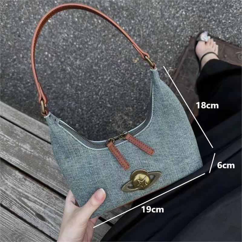New Denim Canvas Shoulder Bags Casual Blue Top Handle Bags for Women Y2k Underarm Bags Fashion Female Planet Decor Handbags