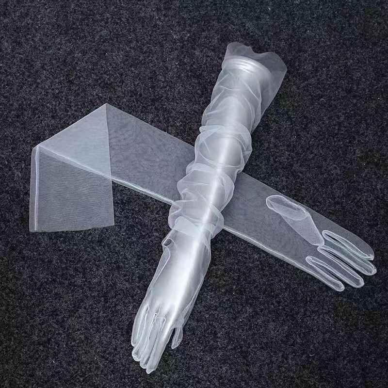 

Thin Mesh Red Gloves Bride Black and White Pink Photo Atmosphere Long Accessories Wedding Lace Oversleeve Stockings About 55cm, White