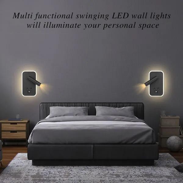 LED USB Charging Wall Lamp With Dual Control Switch, Lamp Head Can Rotate 330 ° For Indoor Bedside Corridor Lighting