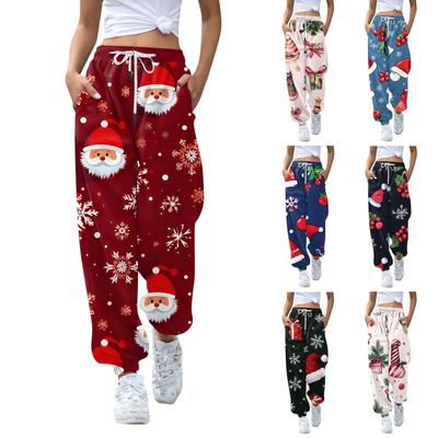 Women's High Waisted Sweatpants Christmas Print With Pockets Drawstring Trousers