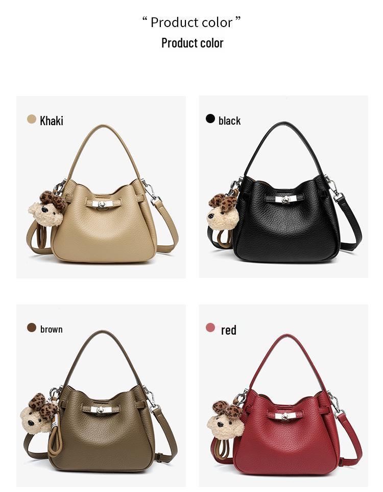 Korean Style Genuine Leather Bucket Bag with Cute Dog Pendant - Versatile Crossbody and Shoulder Bag for Women